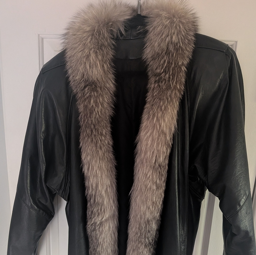 Black Leather Coat with Fur Collar